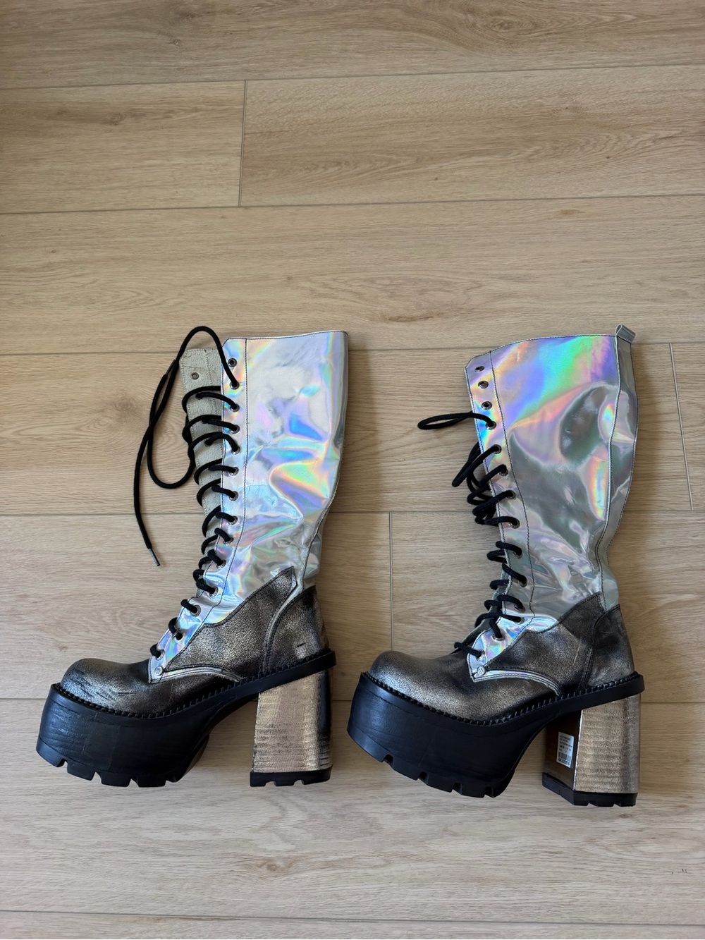 New Rock Silver & Black Holographic Stomper Rave Festival Halloween Boots
